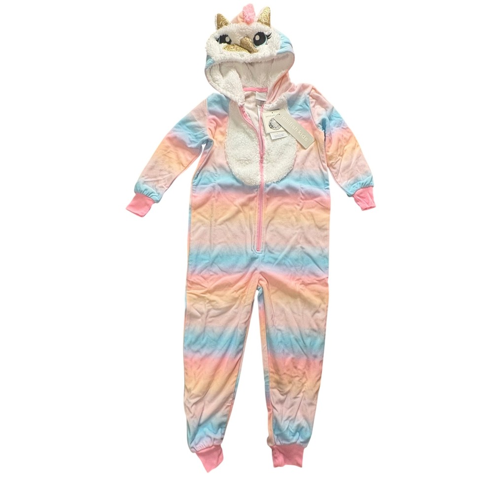 Girls Unicorn One Piece Pajama Pastel Rainbow‎ Fleece Hooded XS 4/5 NWT